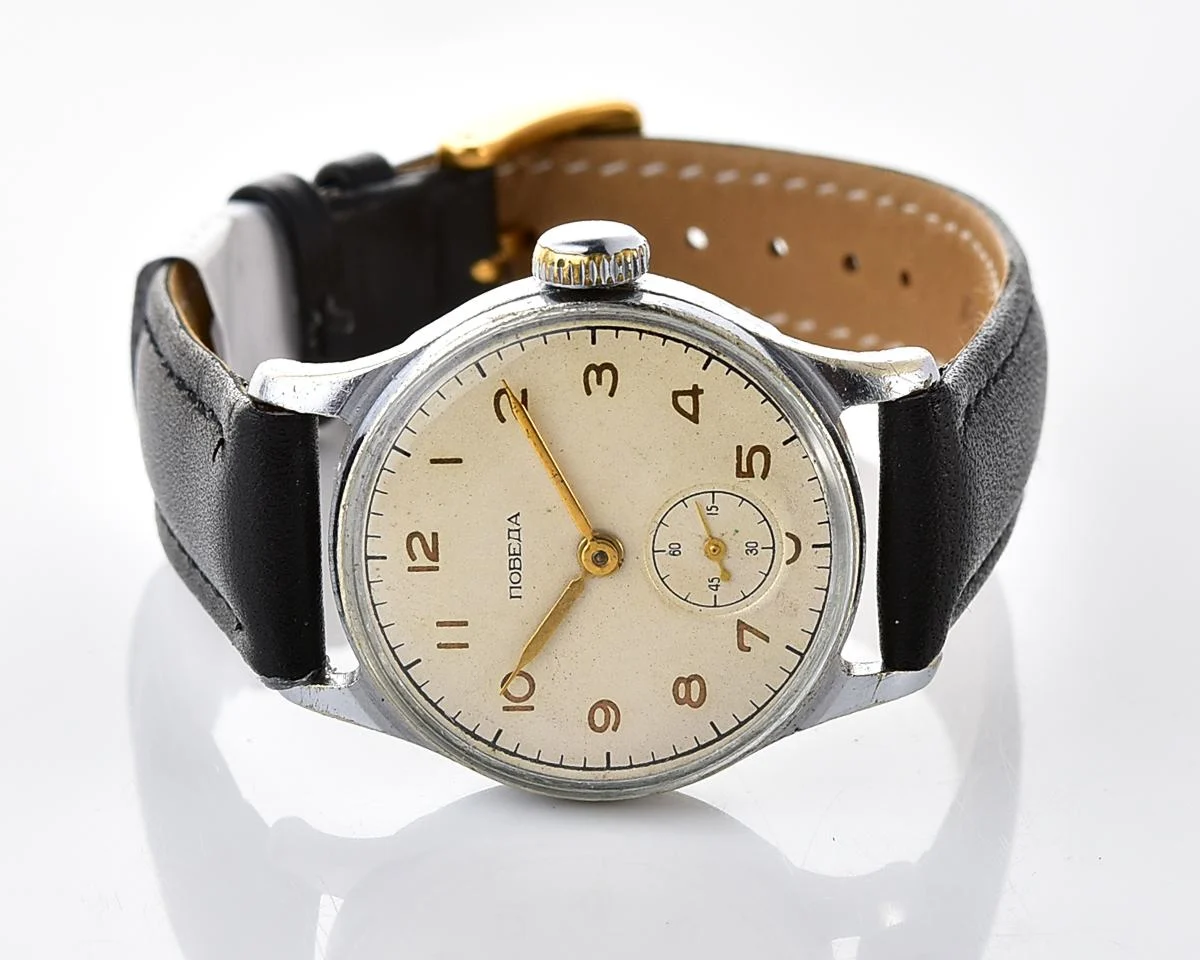 Soviet Pobeda 34-K wristwatch in its hermetic case, the model worn in space by the dog Chernushka