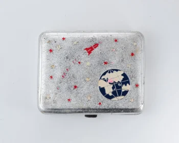 Vintage Space Rocket Vostok-1 metal cigarette box - Soviet cosmos exploration era relic