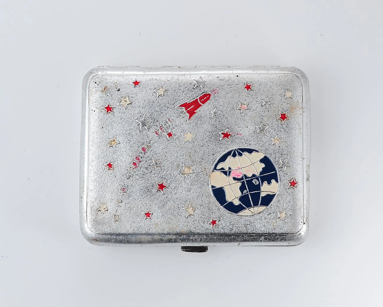 Vintage Space Rocket Vostok-1 metal cigarette box - Soviet cosmos exploration era relic