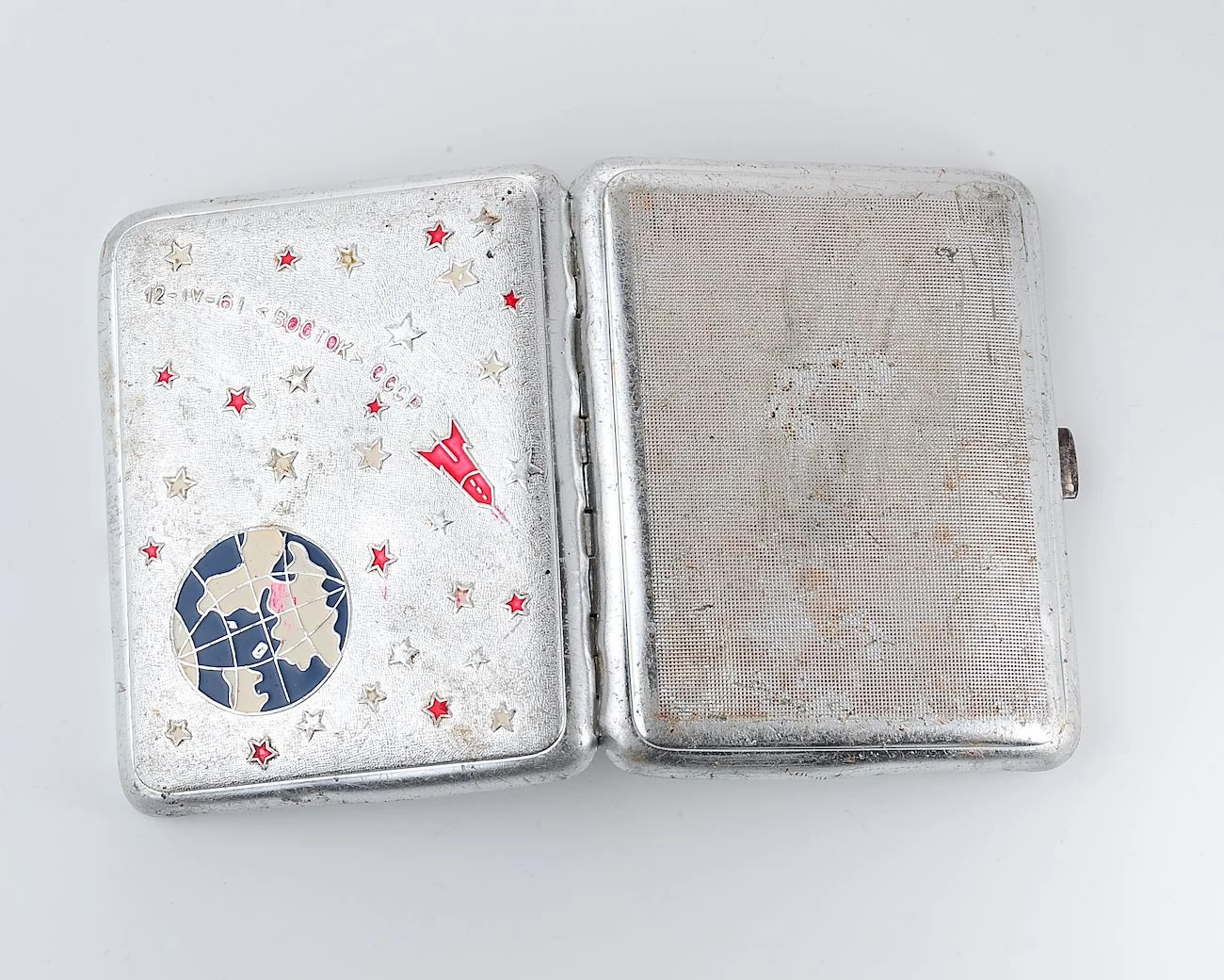 Vintage Space Rocket Vostok-1 metal cigarette box - Soviet cosmos exploration era relic