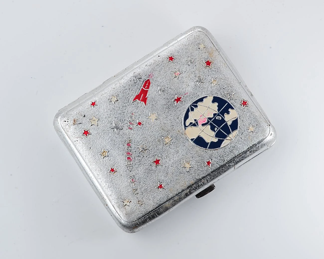 Vintage Space Rocket Vostok-1 metal cigarette box - Soviet cosmos exploration era relic