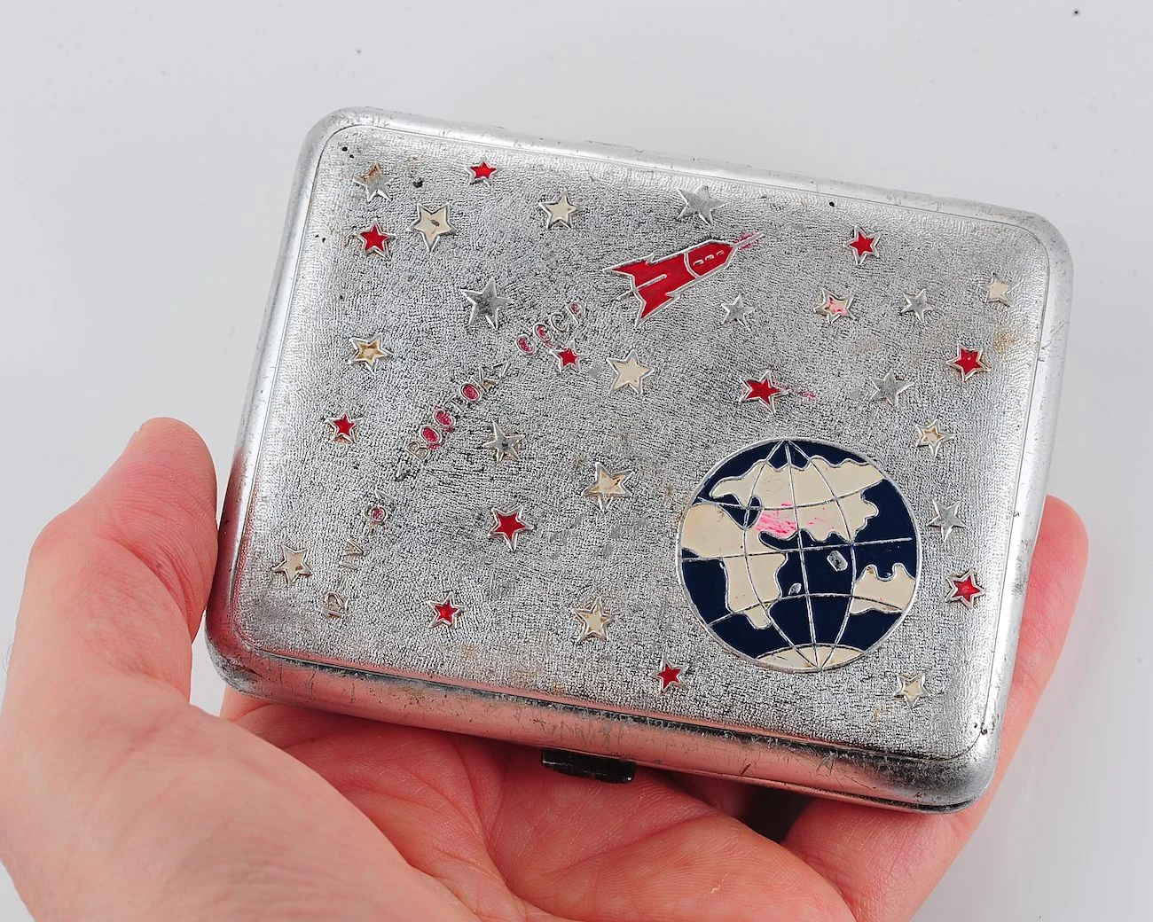Vintage Space Rocket Vostok-1 metal cigarette box - Soviet cosmos exploration era relic