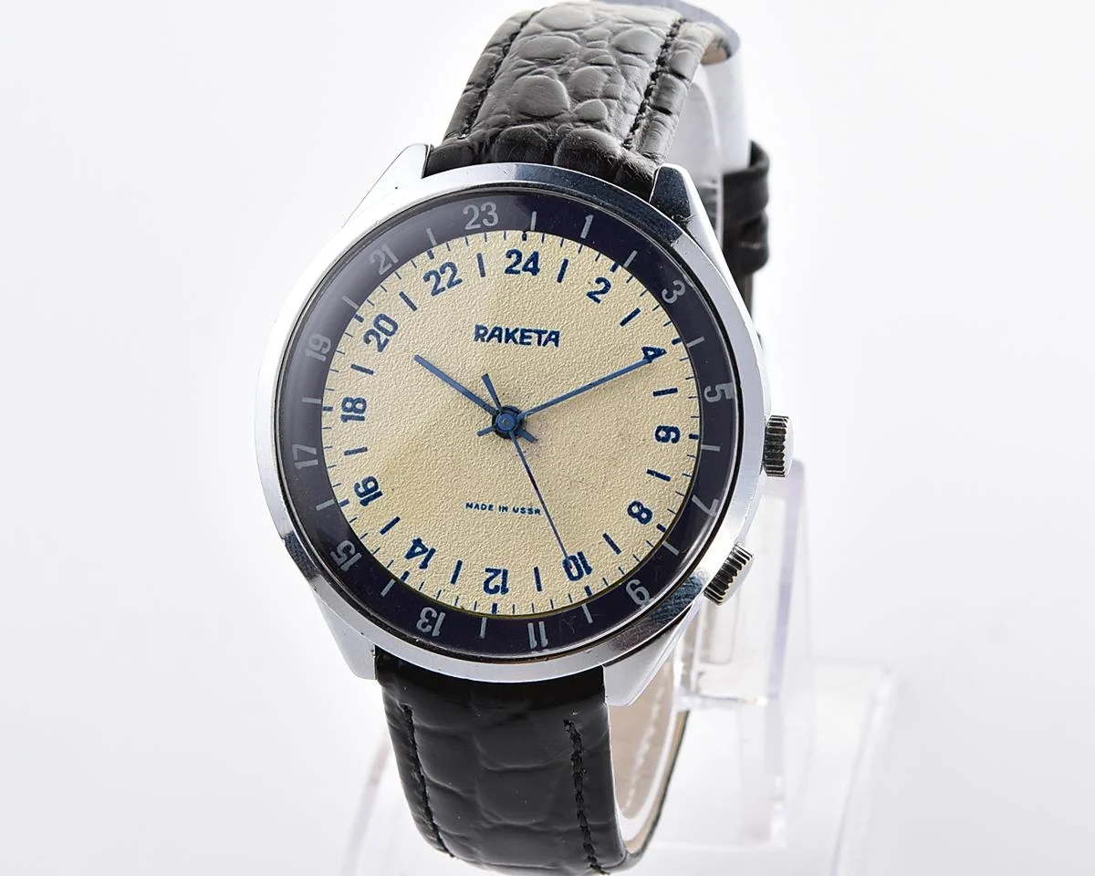 Excellent vintage Soviet Raketa watch with 24 hours 2623 mechanical movement