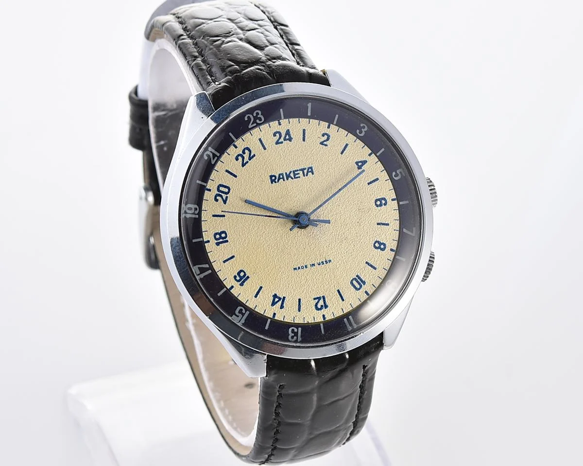 Excellent vintage Soviet Raketa watch with 24 hours 2623 mechanical movement