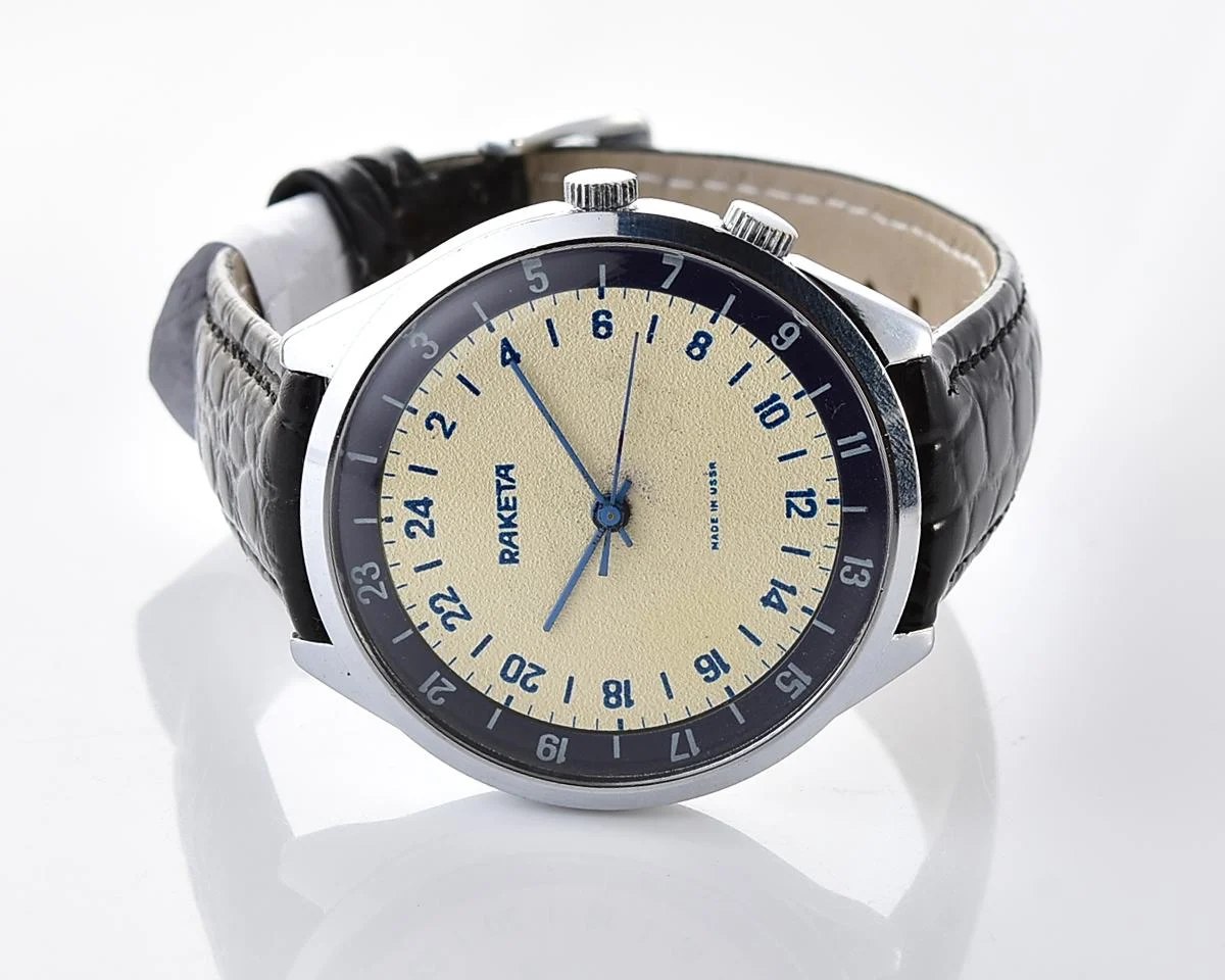 Excellent vintage Soviet Raketa watch with 24 hours 2623 mechanical movement