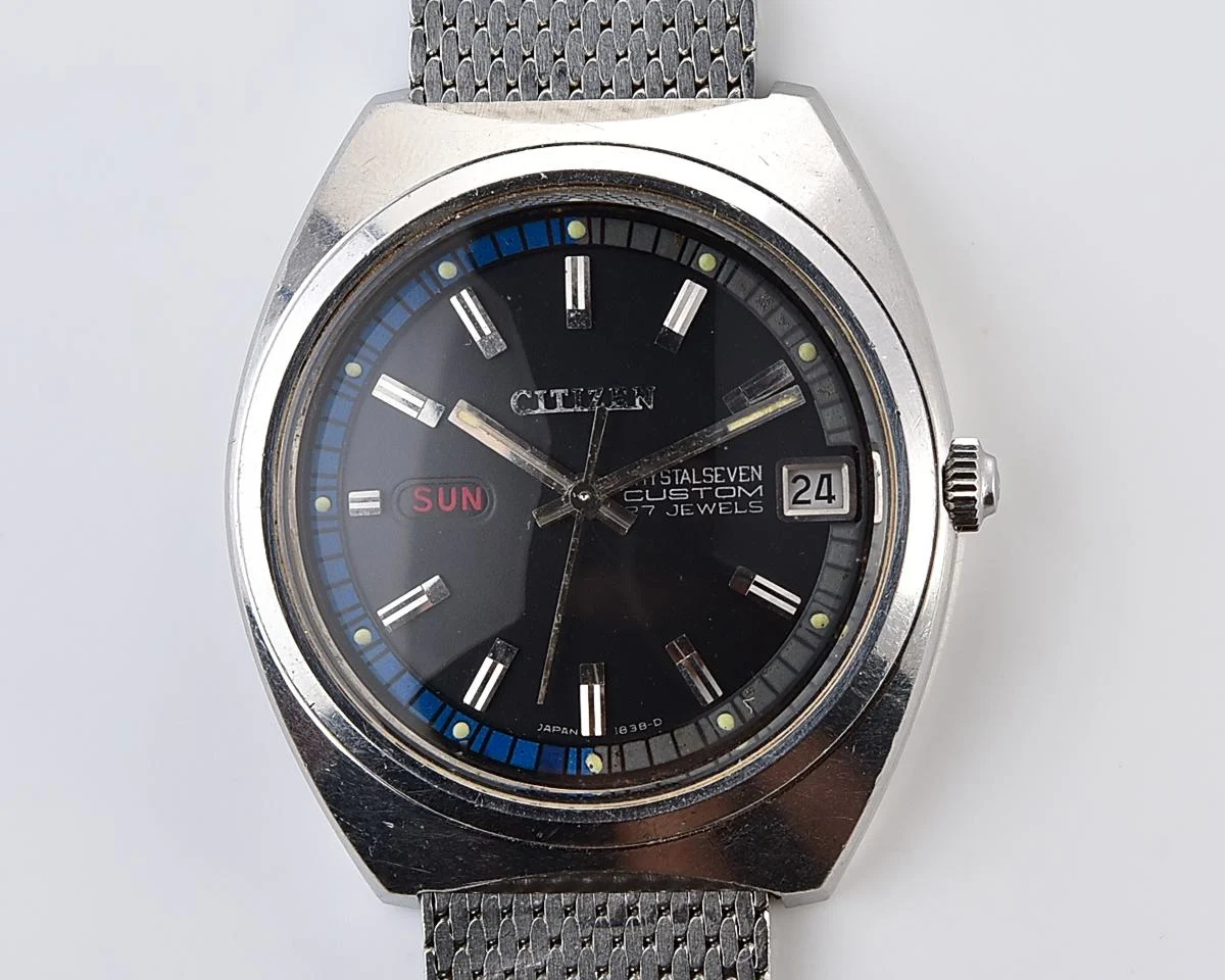 Vintage Citizen Crystal Seven Custom 27-Jewel Automatic with Matte Black & Blue Sport Dial from March 1968