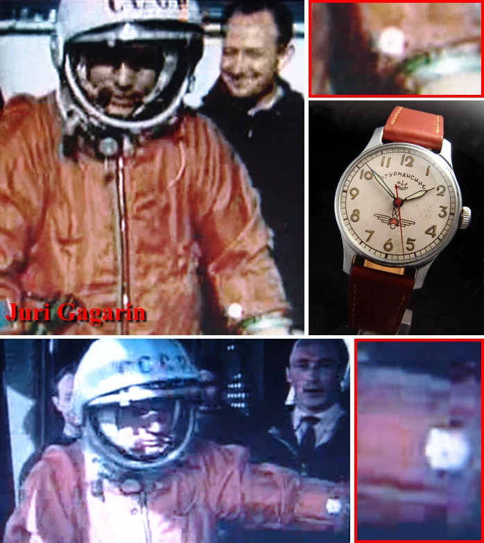 Yuri Gagarin in his orange pressure suit before launch, with close-ups of the Sturmanskie on his wrist