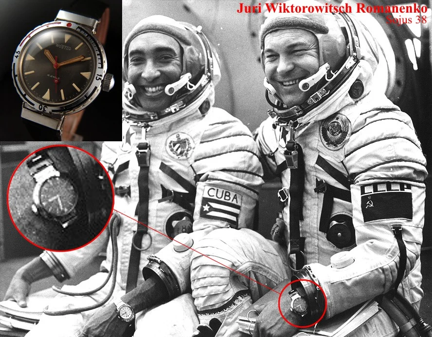 Cosmonaut Yuri Romanenko on the Soyuz 38 mission wearing a Soviet dive-style watch, with a close-up of the watch on his wrist