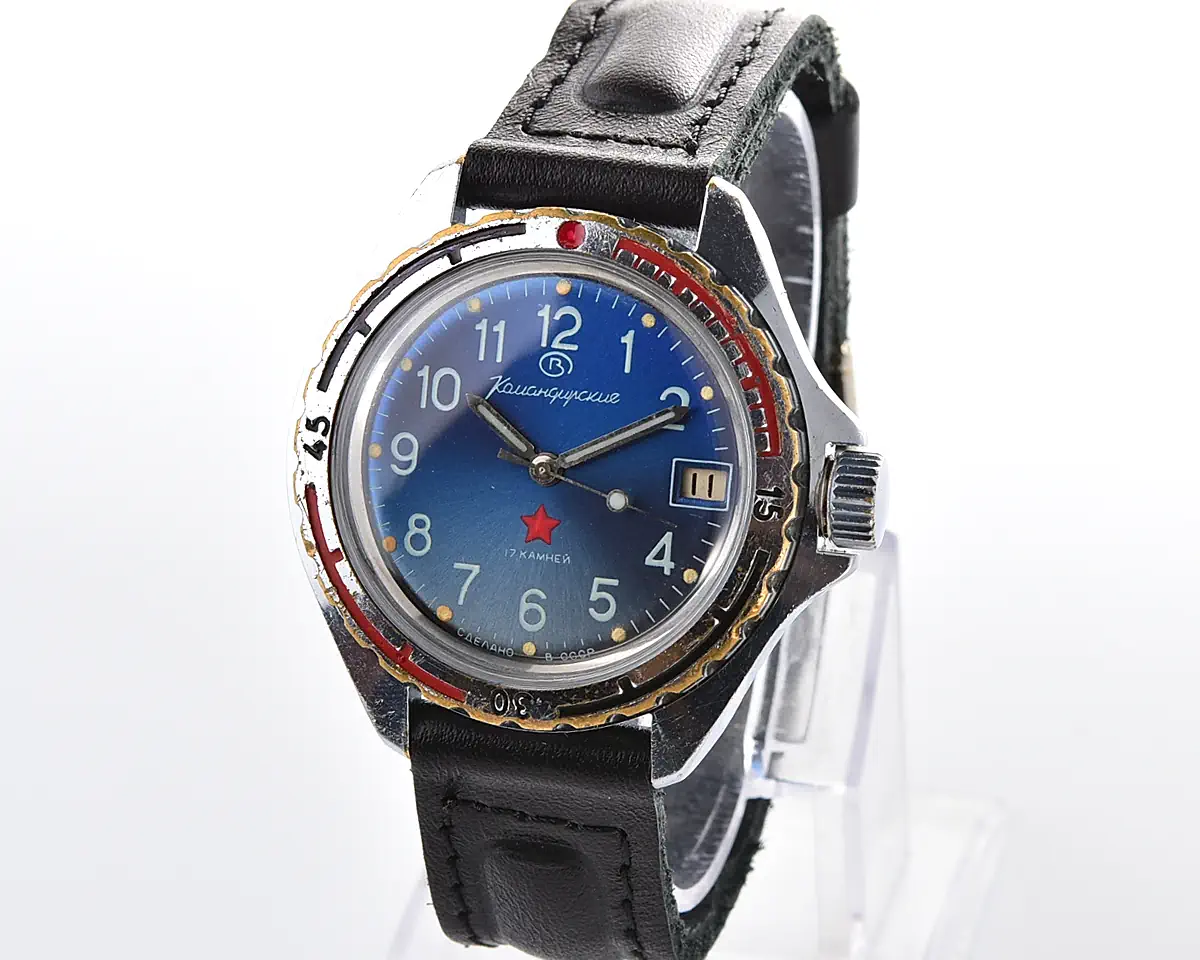 Soviet Vostok Komandirskie mechanical watch with date – blue dial, red star