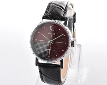 Vintage Soviet Pobeda mechanical watch, ZiM factory – burgundy textured dial with black grid quadrant and small seconds, upgraded mineral crystal, from the 1970s-80s
