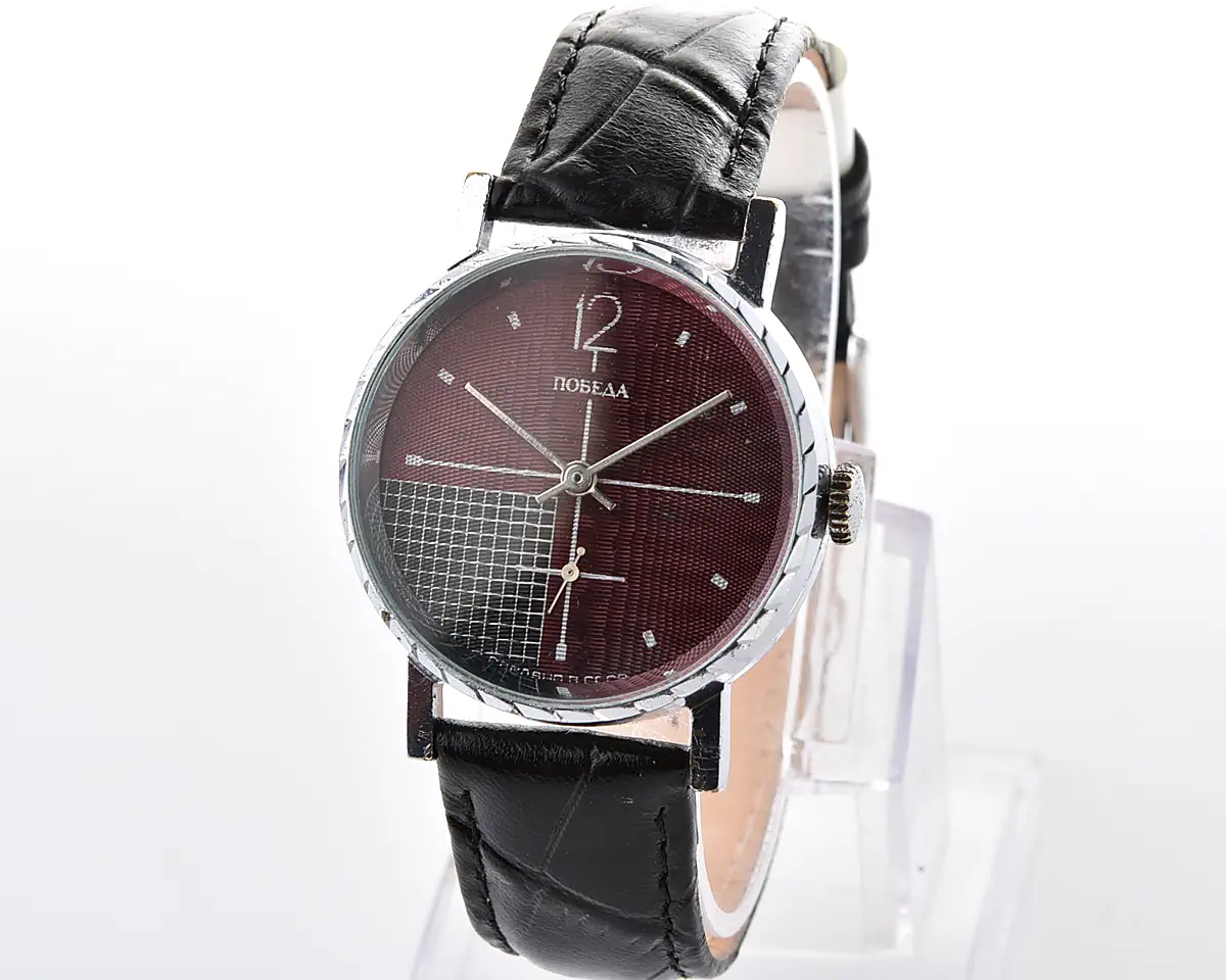 Vintage Soviet Pobeda mechanical watch, ZiM factory – burgundy textured dial with black grid quadrant and small seconds, upgraded mineral crystal, from the 1970s-80s