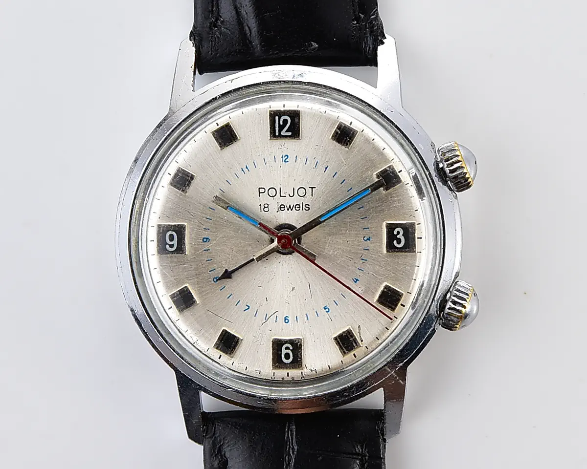 Vintage Soviet mechanical watch Poljot with silver dial & alarm function