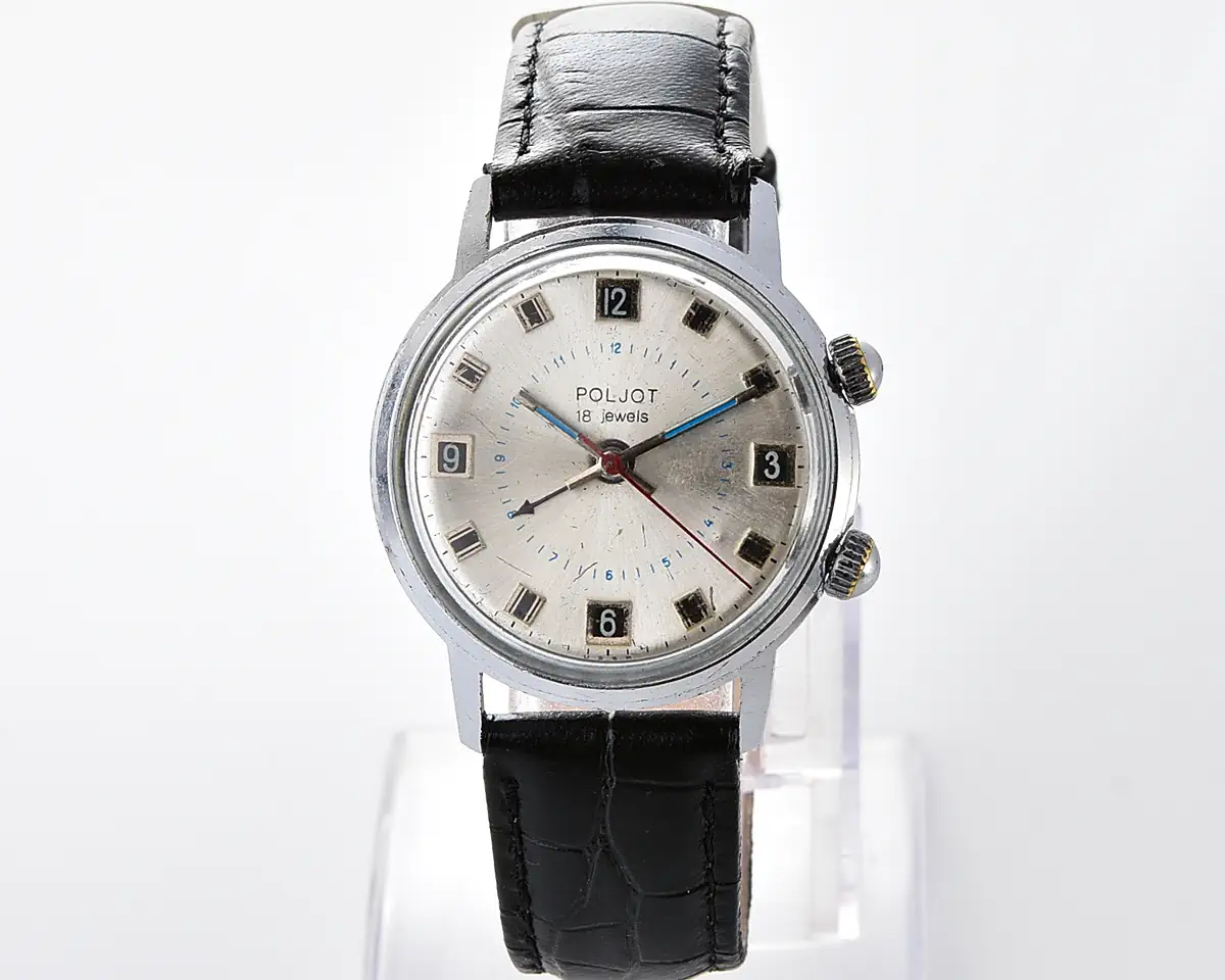 Vintage Soviet mechanical watch Poljot with silver dial & alarm function