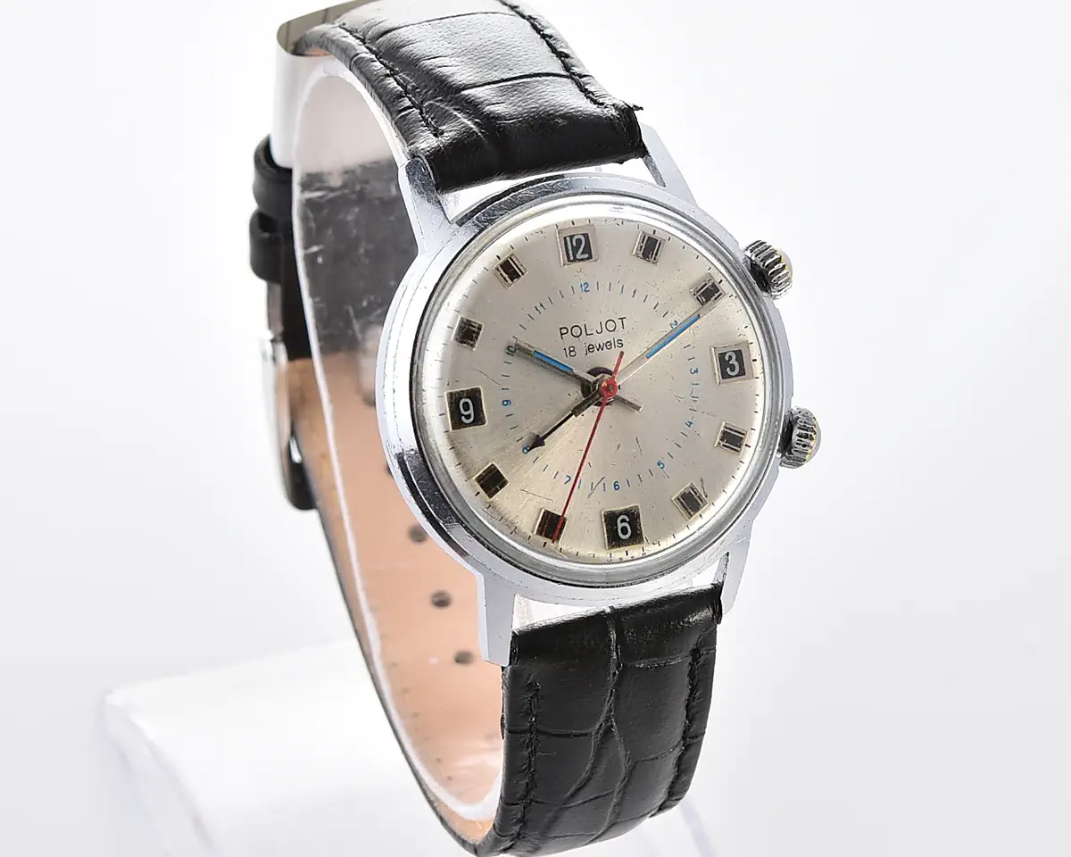 Vintage Soviet mechanical watch Poljot with silver dial & alarm function