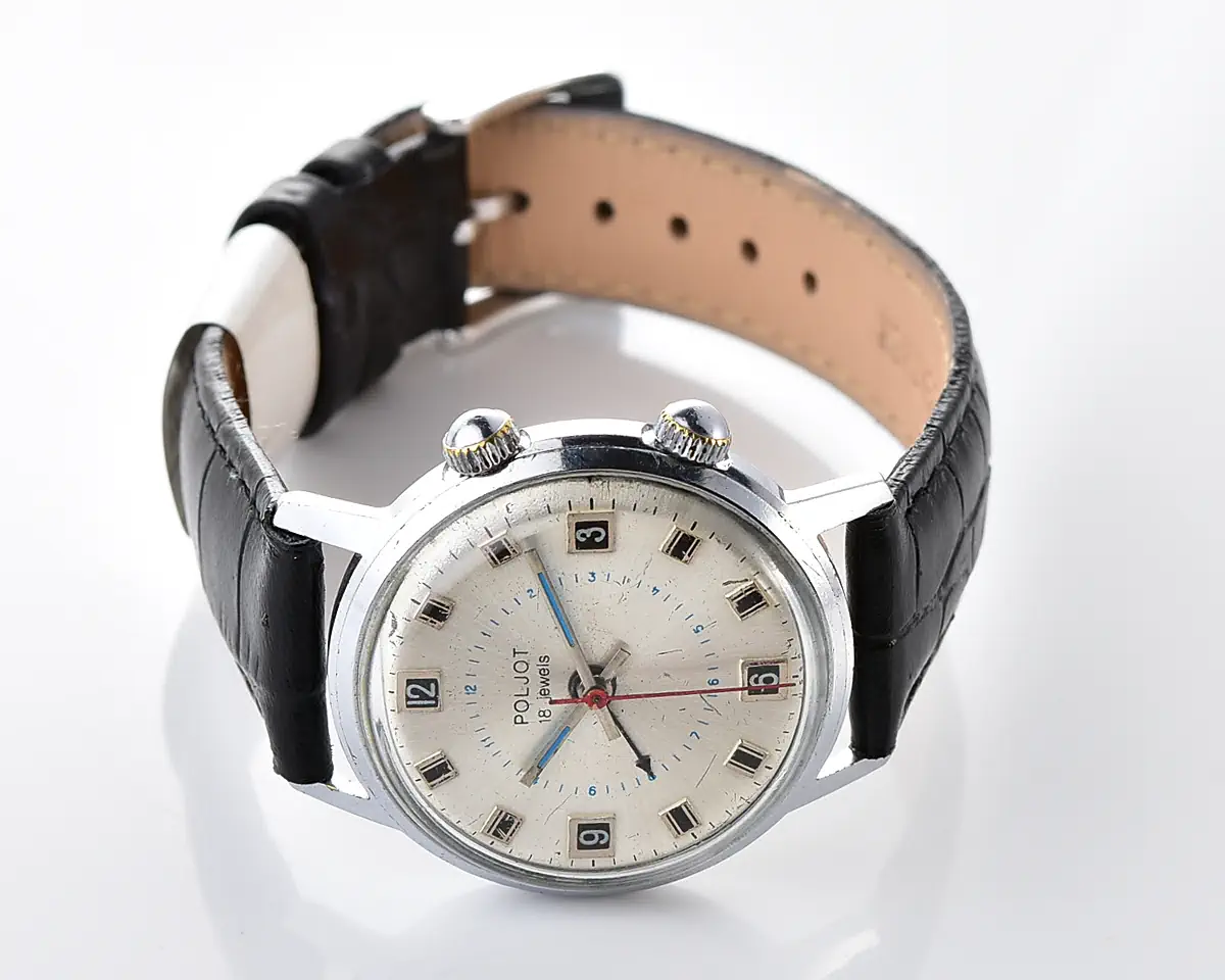 Vintage Soviet mechanical watch Poljot with silver dial & alarm function