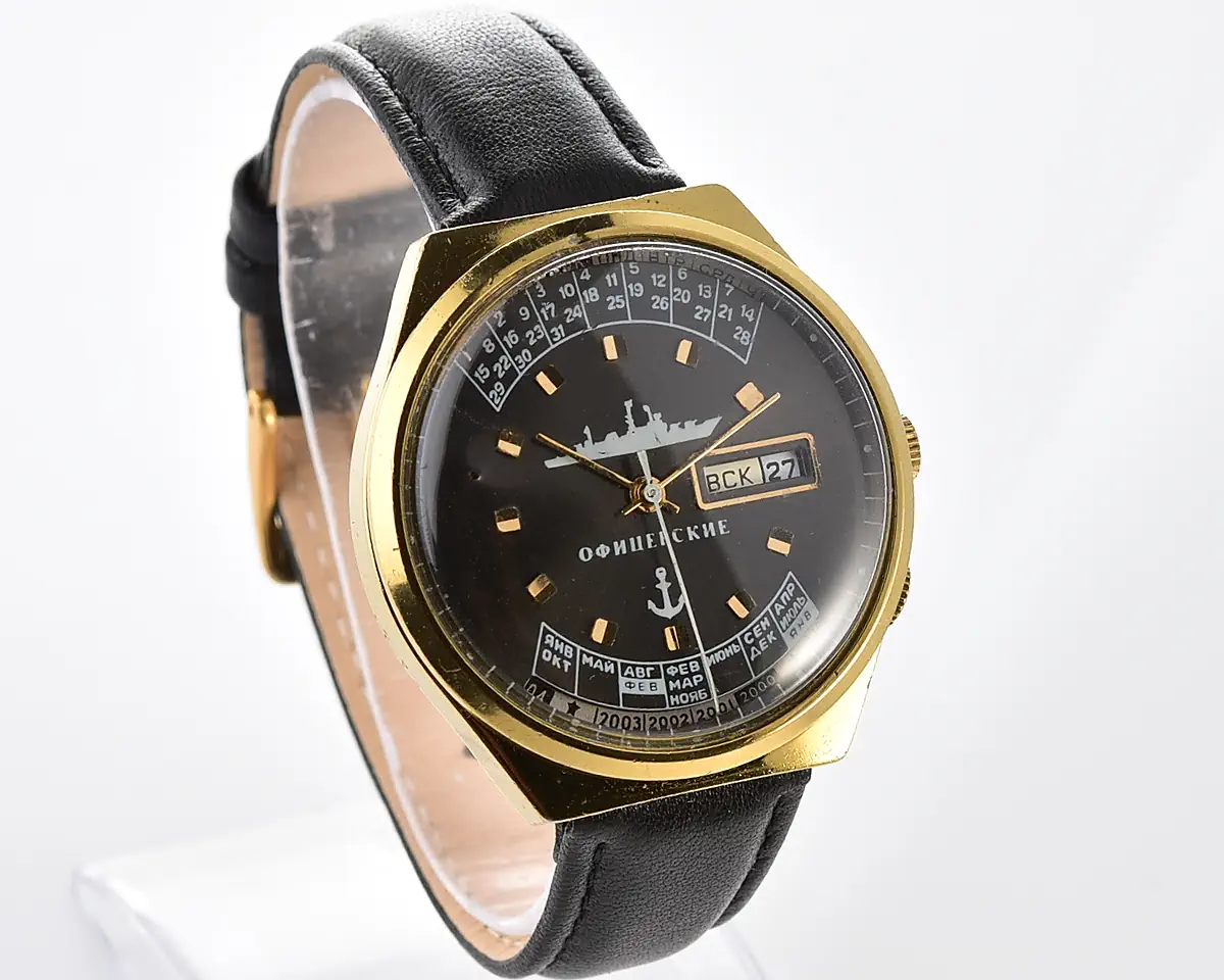 Vintage Officer's Raketa Perpetual Calendar - Gold-Plated Case, Black Dial with Ship and Anchor, Cal. 2628.H - Image 3