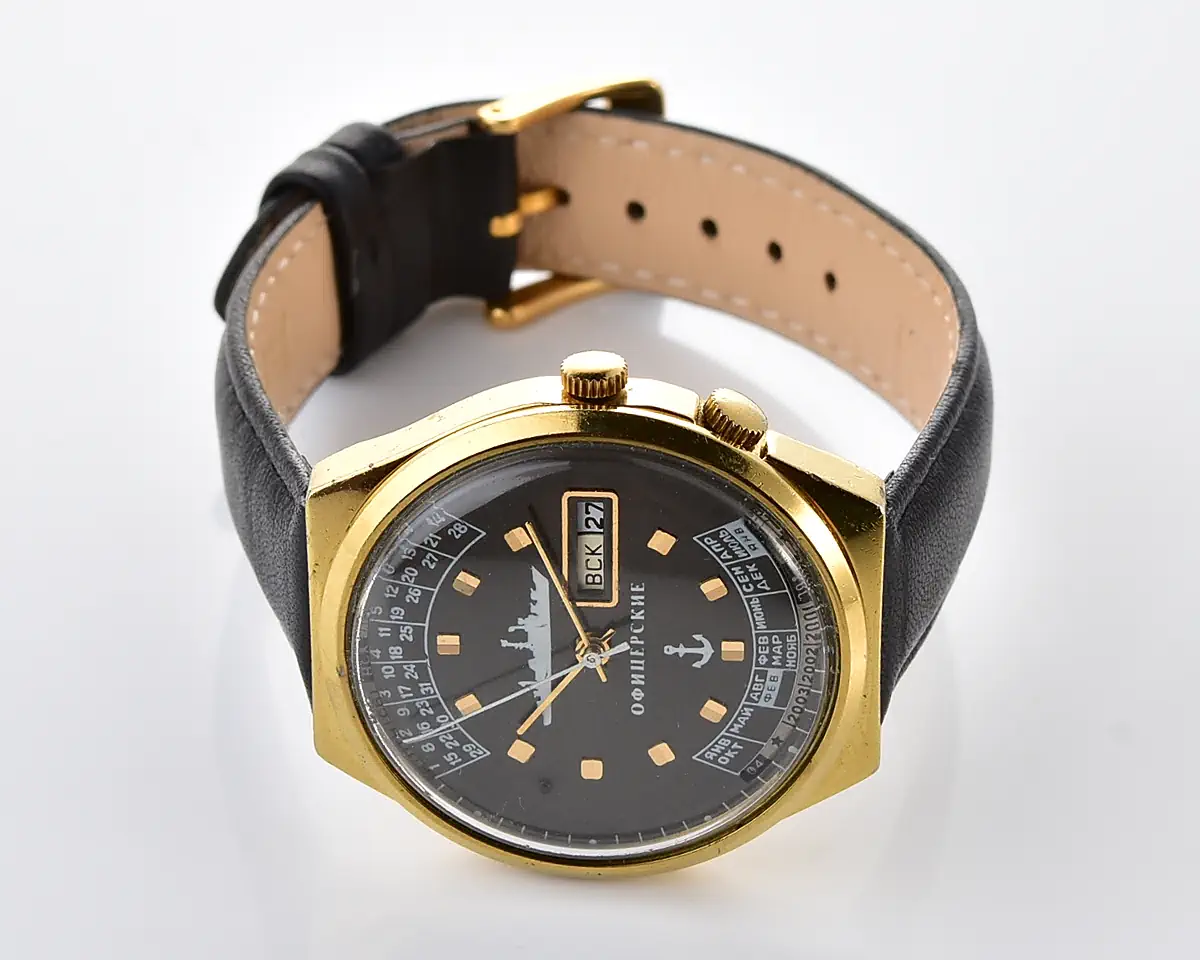 Vintage Officer's Raketa Perpetual Calendar - Gold-Plated Case, Black Dial with Ship and Anchor, Cal. 2628.H - Image 5