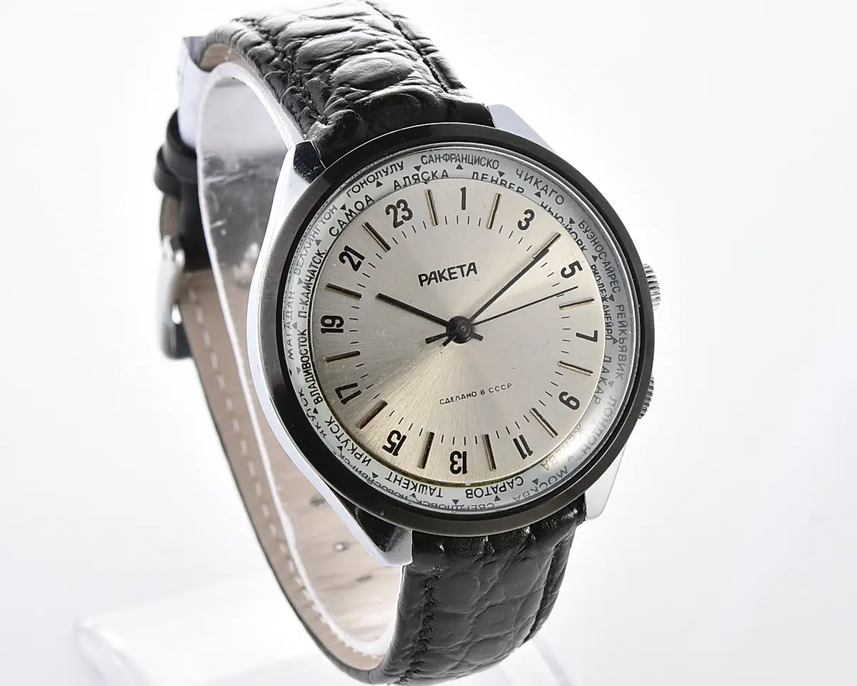 Excellent Soviet mechanical Raketa-Cities (Goroda) watch with 24 hours 2623.H mechanical movement
