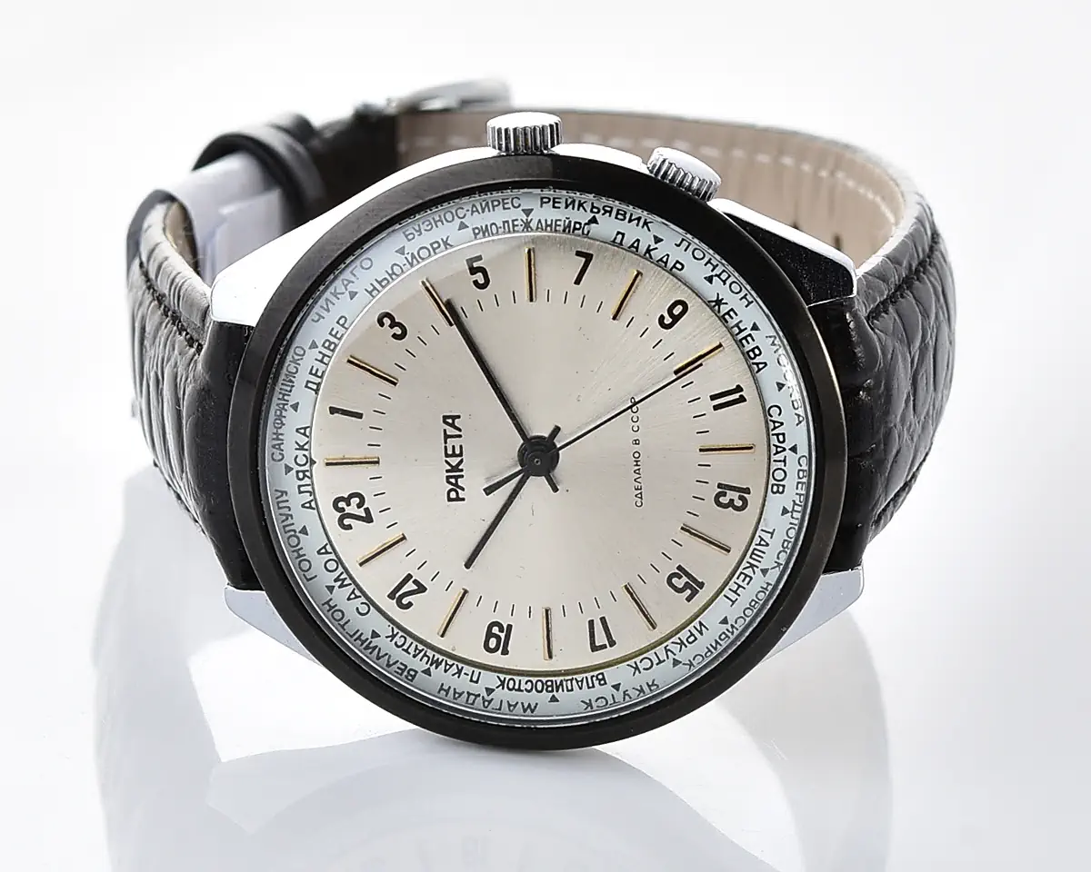 Excellent Soviet mechanical Raketa-Cities (Goroda) watch with 24 hours 2623.H mechanical movement