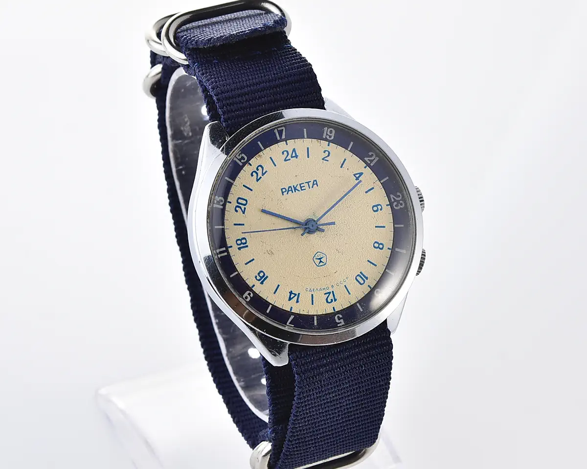 Vintage Soviet mechanical Raketa watch with 24 hours 2623.H mechanical movement