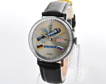 Slava Baikonur mechanical watch with Mir space station, German & Russian flags - day/date, 1990s