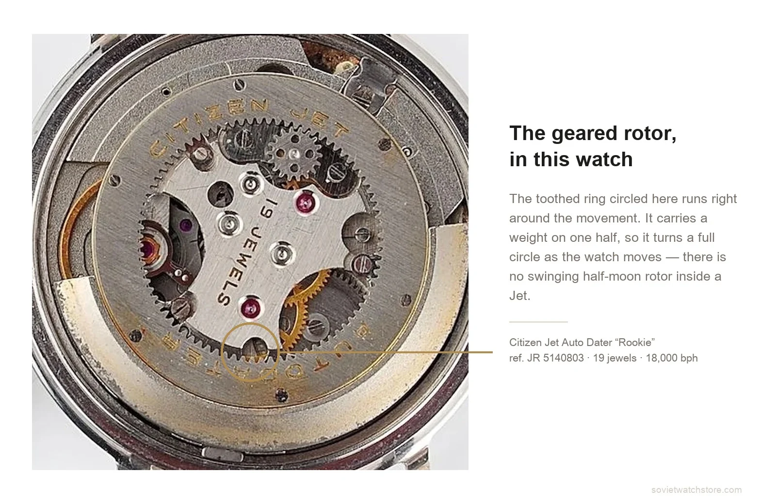 Citizen Jet geared rotor — the toothed ring in this watch Macro of the Citizen Jet Auto Dater Rookie movement with the geared rotor ring circled