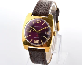 Soviet gold-plated Vostok Komandirskie mechanical watch with purple dial – Zakaz MO CCCP, engraved “Baikonur 1974–1976”