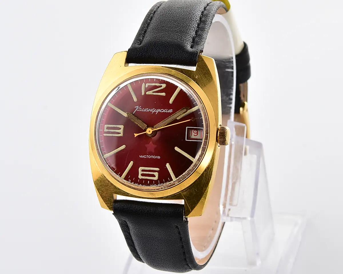 Soviet gold-plated Vostok Komandirskie mechanical watch with burgundy dial – Zakaz MO CCCP
