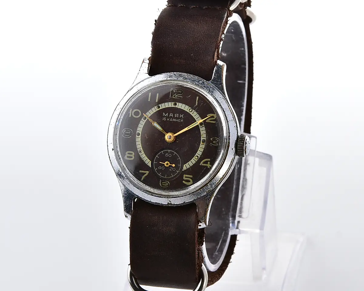 Vintage Soviet Mayak mechanical watch with genuine leather NATO strap, 1MChZ, from 1950s