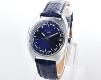Vintage Soviet Poljot 17 jewels mechanical watch with blue dial, date & brushed cushion case