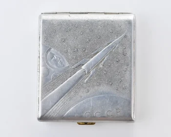 Vintage Space Rocket Vostok-1 metal cigarette box – Gagarin portrait, Soviet cosmos exploration era relic