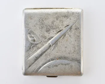 Vintage Space Rocket Vostok-1 metal cigarette box – Gagarin portrait dated 12-IV-1961, Soviet cosmos exploration era relic