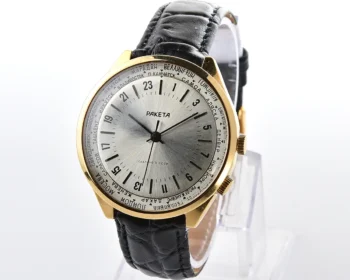 Excellent Vintage Soviet Raketa World Traveler (Goroda) 24-hour mechanical watch with gold-plated case and silver sunburst dial, 1980s