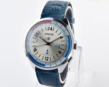 Vintage Soviet Raketa Navy 24-hour mechanical watch with anchor dial, rotating watch-shift ring and original Soviet strap, 1980s