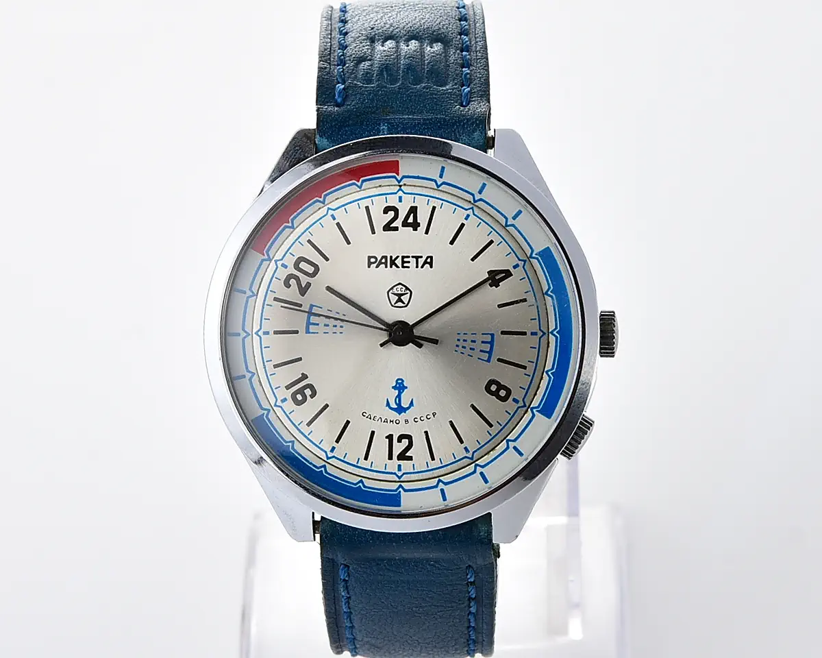 Vintage Soviet Raketa Navy 24-hour mechanical watch with anchor dial, rotating watch-shift ring and original Soviet strap, 1980s - Image 2