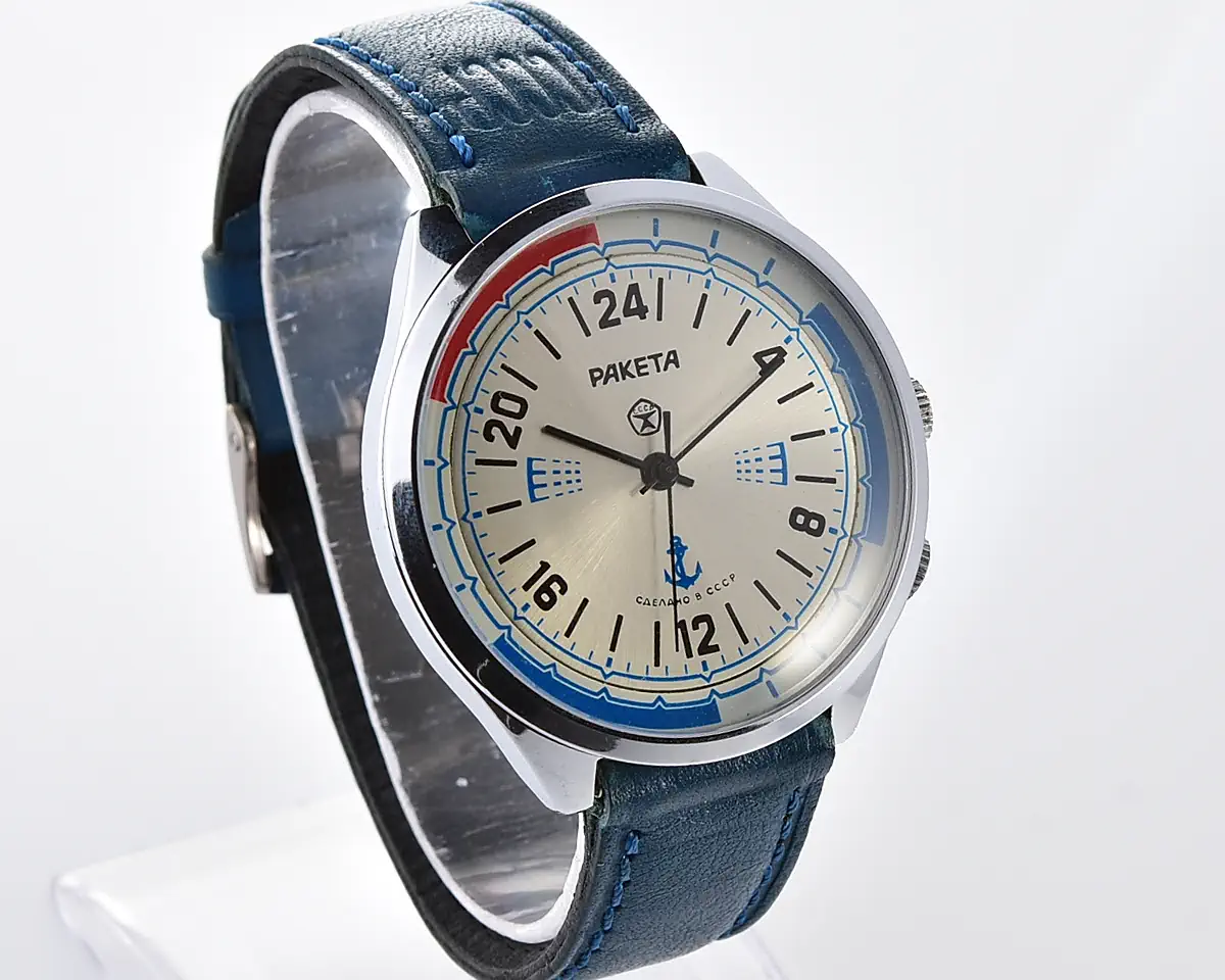 Vintage Soviet Raketa Navy 24-hour mechanical watch with anchor dial, rotating watch-shift ring and original Soviet strap, 1980s - Image 3