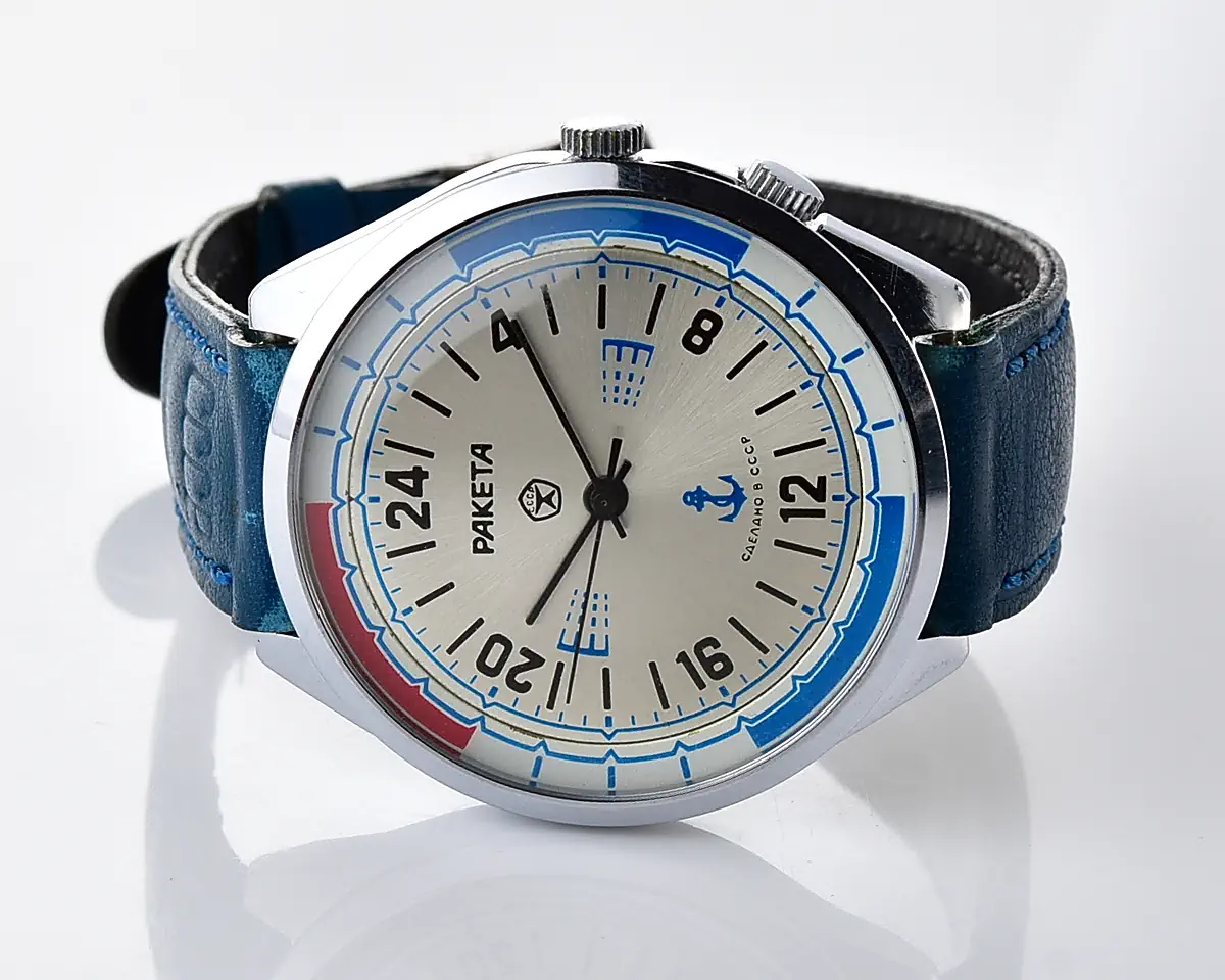 Vintage Soviet Raketa Navy 24-hour mechanical watch with anchor dial, rotating watch-shift ring and original Soviet strap, 1980s - Image 10