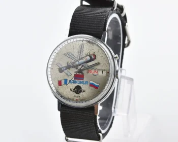 Slava Baikonur Kosmopolis mechanical watch with Mir space station, French & Russian flags - day/date, 1990s