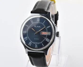 Slava Soviet mechanical watch with blue dial, day & date, 26 jewels, from the 1980s