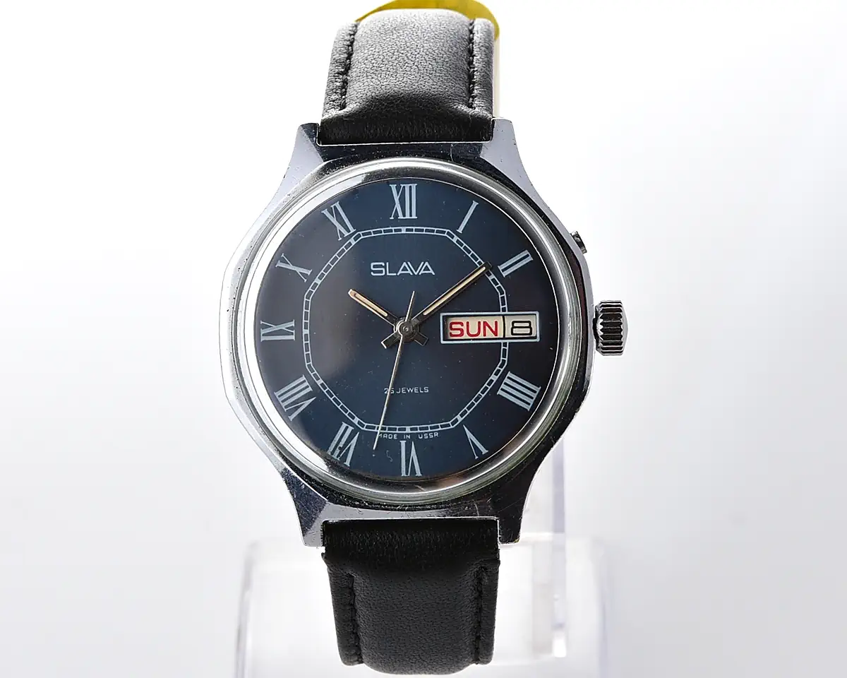Slava Soviet mechanical watch with blue dial, day & date, 26 jewels, from the 1980s - Image 2