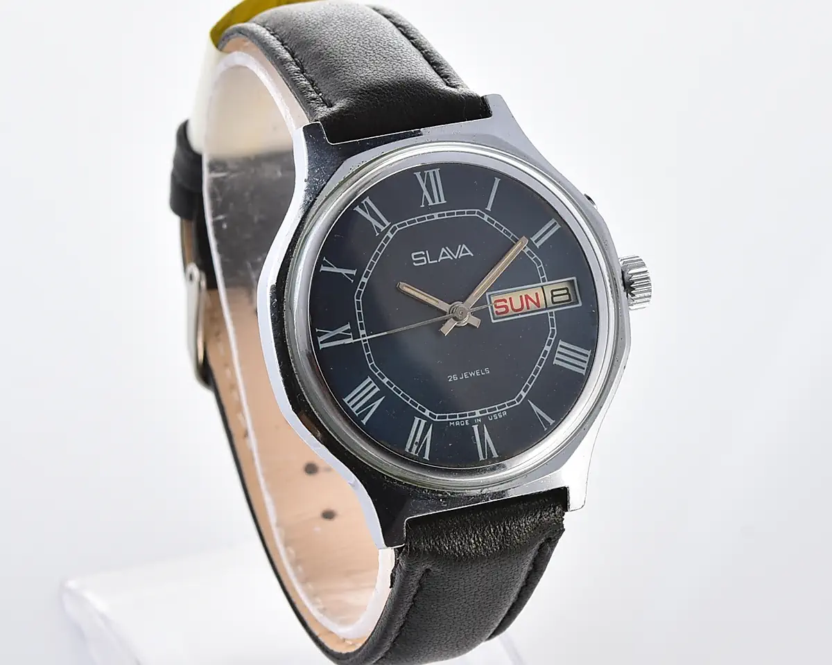 Slava Soviet mechanical watch with blue dial, day & date, 26 jewels, from the 1980s - Image 3