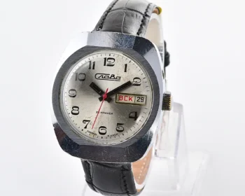 Slava Soviet automatic watch with silver dial, day & date, from the 1980s