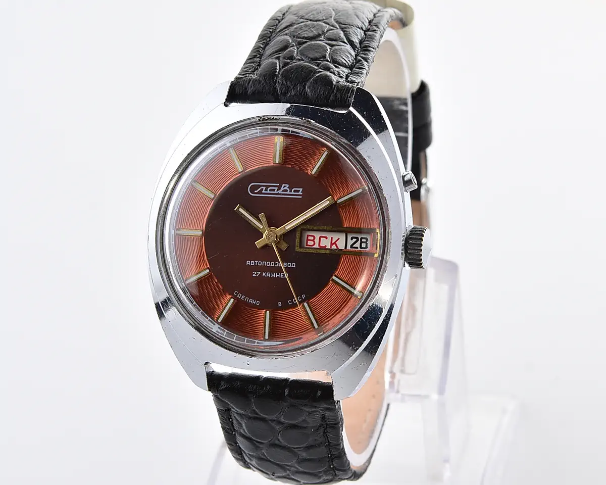 Slava Soviet automatic watch with brown & copper dial, day & date, 27 jewels, from the 1980s