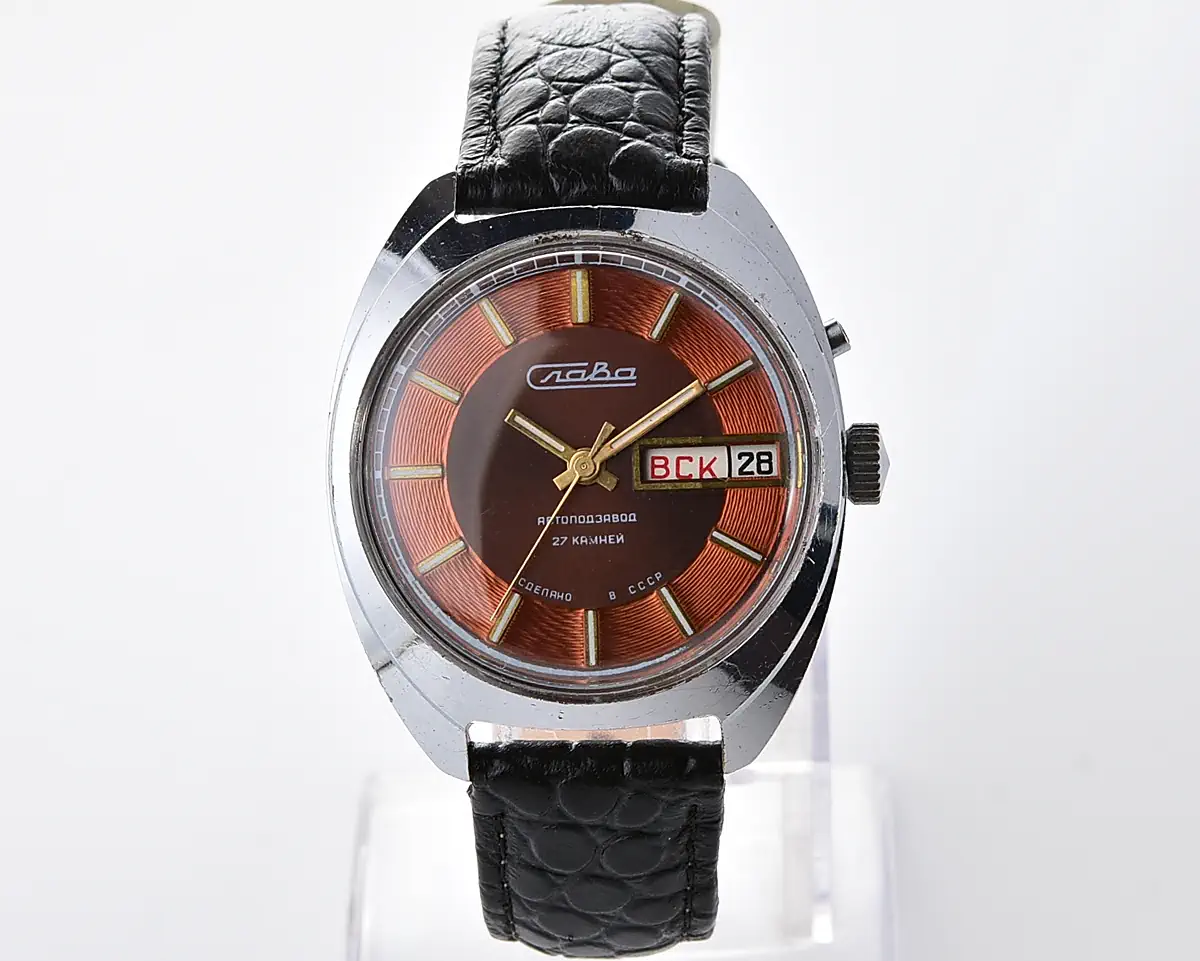Slava Soviet automatic watch with brown & copper dial, day & date, 27 jewels, from the 1980s - Image 2