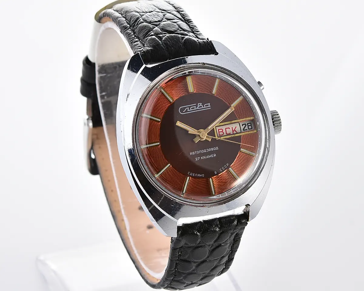 Slava Soviet automatic watch with brown & copper dial, day & date, 27 jewels, from the 1980s - Image 3