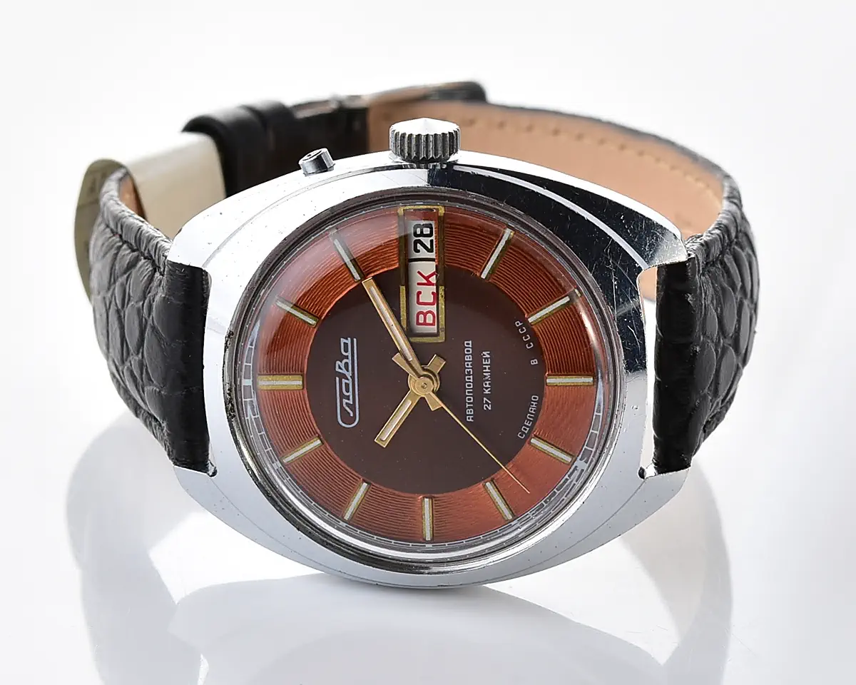 Slava Soviet automatic watch with brown & copper dial, day & date, 27 jewels, from the 1980s - Image 8