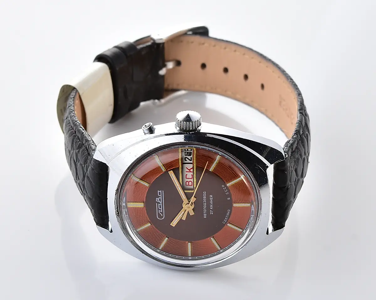 Slava Soviet automatic watch with brown & copper dial, day & date, 27 jewels, from the 1980s - Image 9