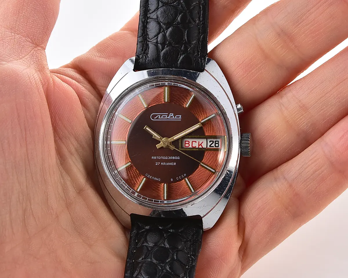 Slava Soviet automatic watch with brown & copper dial, day & date, 27 jewels, from the 1980s - Image 6