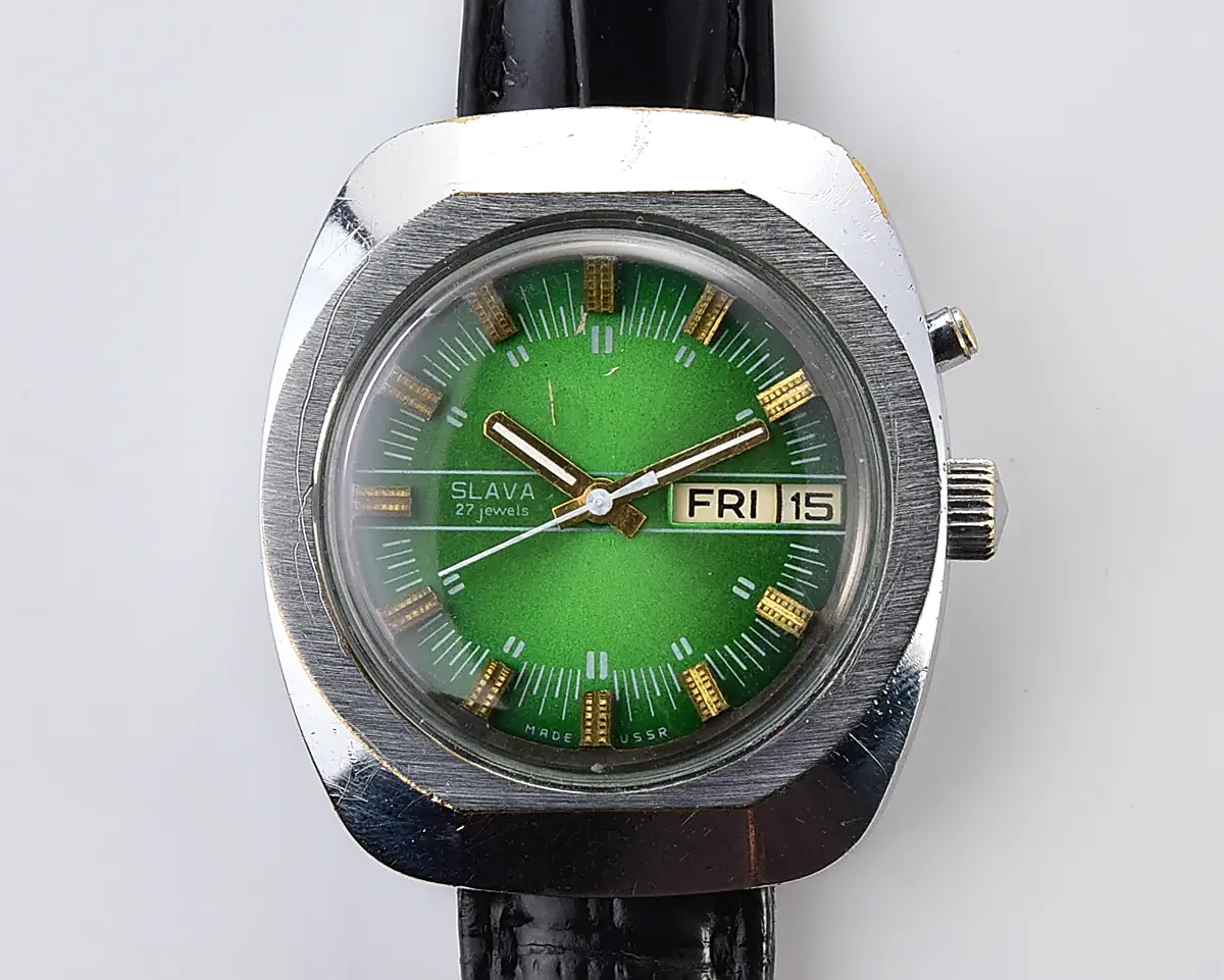 Slava Soviet automatic watch with green dial, day & date, 27 jewels, from the 1980s - Image 7