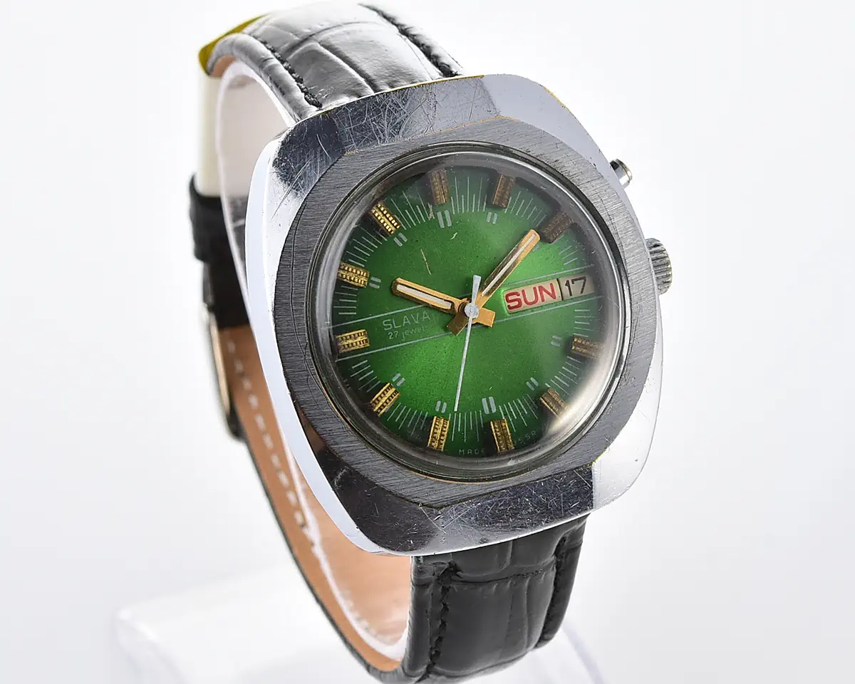 Slava Soviet automatic watch with green dial, day & date, 27 jewels, from the 1980s - Image 3